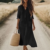 economico Vestito Semplice-Per donna Abito Midi Abito Camicia Abito in cotone e lino Classico Moderno All&#039;aperto Vacanza Uscire Vestibilità regolare Semplice Manica Lunga Scollo a V Nero Viola Arancione Azzurro Autunno