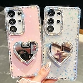 cheap Samsung Cases-Phone Case For Samsung Galaxy S25 S24 Ultra Plus S24 FE S23 A16 A55 5G A35 5G A15 Back Cover Mirror Kickstand Shockproof Heart Silicone