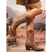 Недорогие Ковбой и западные ботинки-Женские коричневые ковбойские сапоги – сапоги в стиле вестерн до середины голени с вышитым рисунком и блочным каблуком для родео, кантри-концертов и осенне-зимних образов