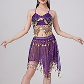 abordables Tenues de danse du ventre-Danse du Ventre Jupes Jeton en cuivre Couleur unie Épissage Femmes Performance Entraînement Sans manches Haut Polyester