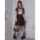 preiswerte Kleider-Gotisch Mini Kleid Schädel Skelett Rundhals Kostüm Damen Fantasie Halloween Karneval Party Lässig Erwachsene Kleid
