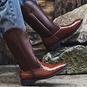 baratos Botas de equitação-Botas altas de montaria masculinas de couro marrom com padrão de crocodilo – calçado equestre elegante de cano alto para passeios a cavalo, eventos de fantasias e trajes de estilo vintage