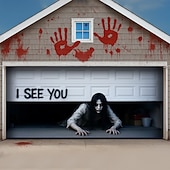 cheap Halloween Garage Door Cover-Halloween Haunted Garage Door Cover, Scary Ghost with Blood Footprints and "I SEE YOU" Print, Creepy Horror Decoration for Outdoor Yard, House, or Party 2025