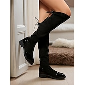 baratos Botas da moda-Botas femininas pretas acima do joelho com biqueira de couro envernizado – botas altas elásticas casuais e chiques para uso diário, festas e moda de rua