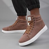 baratos Botas de cano curto-tênis masculino de cano alto em tecido marrom, calçado casual confortável com cadarço para escola, viagens e atividades ao ar livre