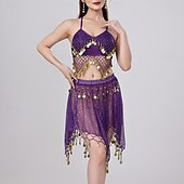 abordables Tenues de danse du ventre-Danse du Ventre Jupes Jeton en cuivre Couleur unie Épissage Femmes Performance Entraînement Sans manches Haut Polyester