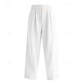baratos Lar-Homens Calças de linho Calças Calça verão Calças largas Calças de praia Com Cordão Bolsos Cintura elástica Tecido Conforto Respirável Comprimento total Férias Diário Feriado Férias Havaiana Preto
