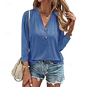 economico T-shirt semplice-Per donna Blusa Tinta unica Vintage Quotidiano Casual Manica 3/4 Scollo a V Top Regolari Lavoro Quotidiano Uniformi da club Bottoni Rosso violaceo Nero Rosa Blu Estate Primavera Autunno Inverno