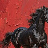 お買い得  動物画-オリジナルの赤黒の質感のある馬の油絵、キャンバスに描かれた野生の種馬の壁アート、馬のパレットナイフのアートワーク、モダンで大胆な乗馬の装飾