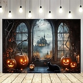 cheap Halloween Wall Tapestries-Halloween Witch Window Tapestry, Spooky Full Moon and Flying Witch Silhouette Wall Hanging, Polyester Fabric Haunted House Decor for Living Room, Bedroom, Dorm, or Party, Wrinkle-Free, Easy to Hang, Gothic Room Aesthetic Decoration