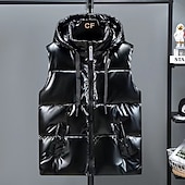 billiga Herrarnas puffer väst-Herr Pufferväst Väst Gilet Semester Dagligen Datum Mode Ledigt Höst vinter Ficka Polyester Håller värmen Bekväm Ensfärgat Dragkedja Huva Normal Silver Svart Väst