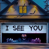 cheap Halloween Garage Door Cover-Halloween Haunted Garage Door Cover, Scary Ghost with Blood Footprints and "I SEE YOU" Print, Creepy Horror Decoration for Outdoor Yard, House, or Party 2025