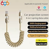 baratos Cabos de telemóvel-Cabo de carregamento super rápido com tela de 240 W, cabo de dados com mola para iPhone, Huawei, Xiaomi, Samsung, cabo de carregamento 4 em 1 tipo C para tipo C
