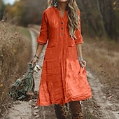 baratos design de vestidos de algodão e linho-Mulheres Vestido midi Vestido casual Vestido de linho de algodão Clássico Moderno Ao ar livre Férias Feriado Normal Tecido Manga Longa Decote V Preto Roxo Laranja Azul Claro Outono