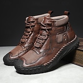 baratos Botas de cano curto-Botas casuais masculinas de couro sintético marrom de cano alto com sola de borracha antiderrapante - calçados duráveis para caminhadas ao ar livre, viagens e uso diário