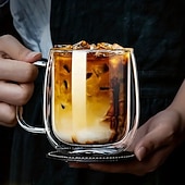 billige Kjøkkenutstyr og -redskap-2 stk. dobbeltveggede glasskaffekrus med håndtak, isolerte glasskopper i borsilikatglass med stor kapasitet, varmebestandig klart glass for kaffe, te, latte, cappuccino, smoothies og kalde drikker.