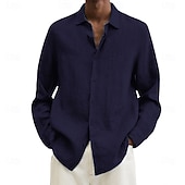 economico camicia da uomo con bottoni-Camicia da uomo in cotone e lino, nera, rosa, blu navy, manica lunga, tinta unita, stile turndown, abbigliamento da vacanza, abbigliamento in poliestere, moda casual