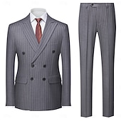 Men's Business Casual Wedding Suits Peaked Lapel Dark Grey Formal Striped Slim Fit 2 Piece Double Breasted Six-buttons4