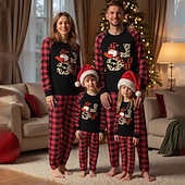 baratos Conjuntos iguais para a família-Olhar de família Pijamas Xadrez Padrão de natal Casa Patchwork Vermelho Manga Longa Ativo Roupas Combinando