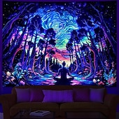 preiswerte Blacklight -Wandteppiche-Schwarzlicht-Wandteppich mit psychedelischem Wald und Meditation, UV-reaktiv, kosmische Galaxie, Sternenhimmel, Wandkunst, Wandteppich, trippiges Yoga, spirituelles Chakra, Wandbehang, Wandteppiche