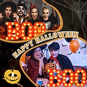 billige Dekorative lys-Halloween-dekorasjoner innendørs - 3 LED-telt med lysende bokstaver, svart boo-skilt, halloween-bokstavlys til hjemmet, innendørs kjøkken, peis, festbord, dekorutstyr