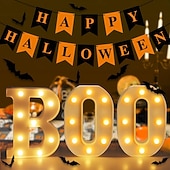 billige Dekorative lys-Halloween-dekorasjoner innendørs - 3 LED-telt med lysende bokstaver, svart boo-skilt, halloween-bokstavlys til hjemmet, innendørs kjøkken, peis, festbord, dekorutstyr