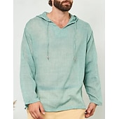 economico Classico-Per uomo Camicia Camicia di lino Camicia popover Camicia Estiva Abbigliamento da spiaggia Camicia con cappuccio Tinta unica Vacanza Streetwear Bianco Verde chiaro Blu Verde Manica Lunga Con Cappuccio