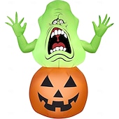 baratos Halloween ao Ar Livre-1 peça 1,5m/4,92 pés abóbora fantasma de cabeça verde sorridente de Halloween com lâmpada inflável modelo de ar para áreas internas e externas pátio jardim gramado caminho atmosfera lâmpada decorativa