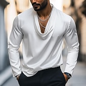 preiswerte Satinhemden für Herren-Herren Hemd Seidenartig Satinhemd Freizeithemd Einfach Formell Hochzeit Schwarz Weiß Marineblau Gold Langarm Wasserfallausschnitt Frühling &amp; Herbst Ganzjahres Bekleidung Gerafft