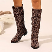 tanie Buty modowe-Damskie buty do kolan z nadrukiem w panterkę – szpiczaste noski, niski obcas, modne buty na jesień i zimę, idealne na co dzień, na ulicę i na imprezę