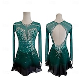 abordables Robes de Patinage Artistique-Robe de patinage artistique Femmes Fille Patinage Robe Vert forêt Patchwork Trou de pouce Maille Spandex Haute Élasticité Entraînement Compétition Tenue de Patinage Classique cristal pailleté manche