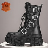 preiswerte Hochwertige Lederstiefel-Gothic-Punk-Kampfstiefel für Herren, echtes Rindsleder mit Schnallenriemen und klobiger Plateausohle, alternatives Modeschuhwerk für Partys, Festivals und Streetwear
