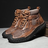 baratos Botas de cano curto-Botas casuais masculinas de couro sintético marrom de cano alto com sola de borracha antiderrapante - calçados duráveis para caminhadas ao ar livre, viagens e uso diário