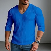お買い得  リブニットTシャツ-男性用 メンズVネックリブニットTシャツ リブニットTシャツ ティートップ 長袖 Ｖネック 夏 春 秋 平織り ジャカード 近代の カジュアル 快適 ボタン ベーシック 家 ストリート カジュアル ホワイト ブルー ネイビーブルー メンズトップTシャツ
