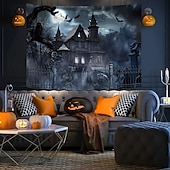 cheap Halloween Wall Tapestries-Skull in the Sky Halloween Tapestry – Spooky Graveyard Wall Hanging with Full Moon &amp; Fog, Gothic Horror Decoration for Haunted Room Aesthetic