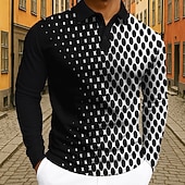 billiga Geometrisk pikétröja för män-Herr Geometrisk Polo Långärmad Polotröjor Kavajslag Business Casual Fritids- Dagliga kläder 3D-utskrift Knappar Vår Höst Vinter Svart Vit