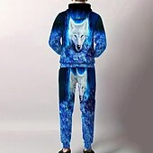 billige Herre 3D Sweatshirt Sett-Herre Dyr Ulv 2stk 3D-genseresett Joggedress Hettegenser Langermet Lange bukser Med hette Fritid hverdag treningsklær 3D-utskrift Vår Høst Vinter Svart Blå