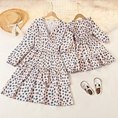 cheap Daily Family Matching-Mommy and Me Dresses Polka Dot Street Print Khaki Long Sleeve Midi Active Matching Outfits