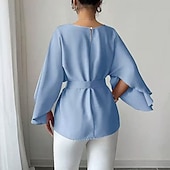 tanie Gładkie bluzki-Damskie Koszule eleganckie Bluzka Równina Elegancja Zabytkowe Codzienny Długi rękaw Rękaw 1/2 Rękaw typu motylek Półgolf Zwykłe topy Codzienny Na zewnątrz Biuro Niebieski (z paskiem) Lato Wiosna