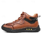 baratos Botas de cano curto-Tênis casual masculino de cano alto em couro sintético marrom com sola de borracha antiderrapante – calçado esportivo confortável com cadarço para caminhadas ao ar livre, viagens e uso diário