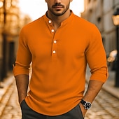 economico Camicie Popover da Uomo-Per uomo Camicia Camicia popover Camicia casual Camicia da Spiaggia Camicia a maglia a nido d&#039;ape Nero Bianco Blu marino Arancione Manica Lunga Semplice Collo alla coreana Vacanza Camicia hawaiana