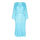 preiswerte Weiße Spitzenkleider-Damen Langes Kleid Maxikleid Spitzenkleid Freizeitkleid Sommerkleid Mode Modern Täglich Strand Wochenende Normale Passform Einfach Langarm V Ausschnitt Weiß Gelb Rosa Blau Sommer Frühling