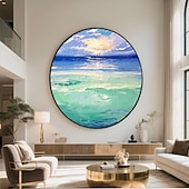baratos Pinturas de Paisagens-Pintura a óleo feita à mão em moldura 3D, paisagem de floresta encantada com tons vibrantes de gradiente, texturas ricas, técnicas de impasto espessas e pinceladas detalhadas em moldura redonda,