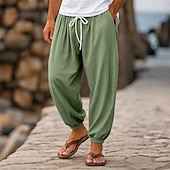 billiga Retro-Herr Linne Byxor Långbyxor Sommarbyxor Joggarbyxor Elastisk midja Rakt ben Högsta stiga Ensfärgat Slät Komfort Andningsfunktion Fullängd Bröllop Helgdag Semester Mode Svart Vit Oelastisk