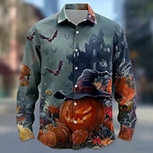 economico Magliette di Halloween-Halloween Per uomo Zucca Pipistrello Costumi Halloween Camicia Camicia con Bottoni Manica Lunga Stile gotico oscuro All&#039;aperto Ferie Primavera Autunno Collo ripiegato Stampa 3D camicie con colletto