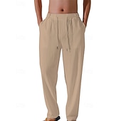 billiga Semester-Herr Linne Byxor Långbyxor Sommarbyxor Strandbyxor Snörning Ficka Elastisk midja Slät Komfort Andningsfunktion Semester Dagligen Helgdag Hawaiisk Boho 다크 카키 Svart