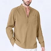 preiswerte Herren Popover Hemden-Herren Hemd Stehkragenhemd Popover-Hemd Freizeithemd Schwarz Rote Grün Kaki Hellgrau Langarm Einfarbig Henley Party Ausgehen Fronttasche Bekleidung Mode Sport &amp; Outdoor