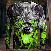 olcso Halloween pólók-Mindszentek napja Férfi 3D Farkasember Póló Hosszú ujj póló 3D nyomtatás Terített nyak Ing Divat Túlzott Utca Hétköznapi Napi Rubin Medence Bíbor Nyár Tavasz Ősz Ruházat S M L XL XXL XXXL