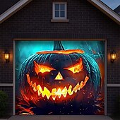 abordables Housse de porte de garage-Couverture de porte de garage d'Halloween, bannière de lanterne de citrouille maléfique, tapisserie de fond de visage de lanterne de Jack O'Lantern lumineuse pour décoration murale ou de clôture