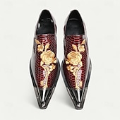 cheap Premium Leather Loafers-Men's Burgundy Crocodile Pattern Leather Dress Shoes, Luxury Pointed Toe Loafers with Floral Embroidery for Weddings, Parties and Formal Occasions